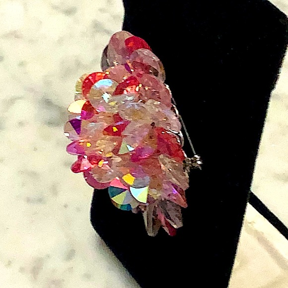 VENDOME BROACH & EARRINGS PINK & CLEAR AURORA BOREALIS CRYSTALS SILVER VINTAGE - Picture 8 of 14